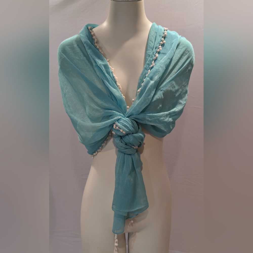 Ashro Turquoise Sheer Wrap with Ivory Accents - Picture 2 of 5
